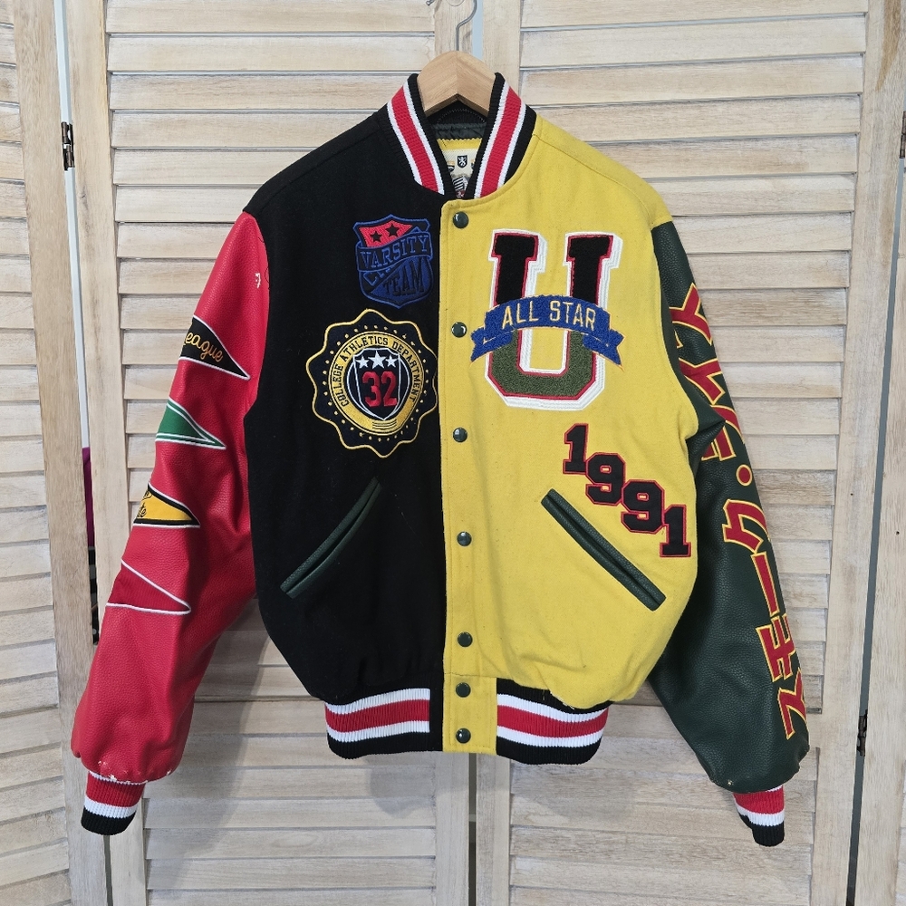 Smoke Rise Unisex All-Star Varsity Jacket Red Green Yellow XS